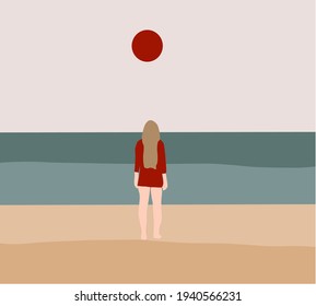 Minimal Woman in red dress looking to sea relaxing on travel holidays. Girl on the nature on blue sky background. Modern minimal wall art