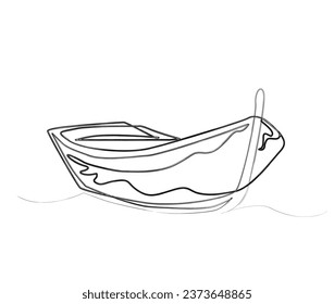 Minimal Wooden fishing boat outline illustration. Simple of fishing boat in stylized ink brush drawing vector design.