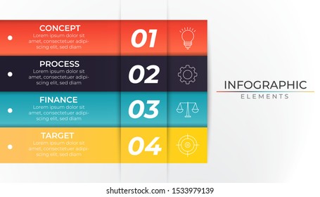 Minimal workflow infographic with 4 vertical colorful paper and icon. Chart process template. Modern vector illustration for company or corporate business project and presentation. Trendy Eps10 design