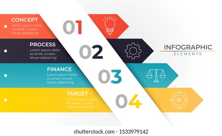 Infografía mínima de flujo de trabajo con 4 iconos y papel de color vertical. Plantilla de proceso de gráfico. Ilustración vectorial moderna para el proyecto y presentación de empresa o empresa. Diseño moderno Eps10