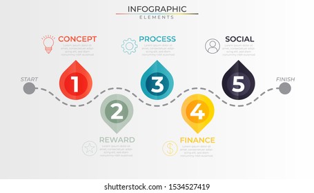 Minimal workflow infographic with 5 colorful pin pointer elements and icons. Chart process template. Modern vector art for company or corporate business project and presentation. Trendy Eps10 design