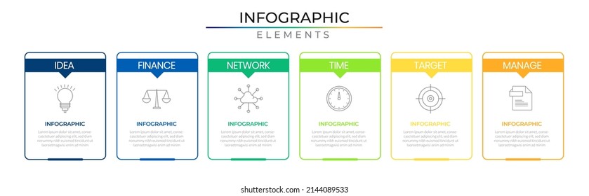 Minimal workflow infographic elements plan concept design vector with icons. Rectangle six steps business timeline network project template for presentation and report.