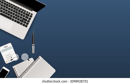 Minimal workspace creative flat lay design of Workspace desktop view office desk with laptop, smartphone, books, eyeglass and earphones on purple color Background. Vector EPS 10