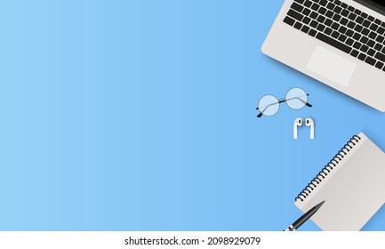 Minimal workspace creative flat lay design of Workspace desktop view office desk with laptop, smartphone, books, pen and earphones on blue color Background. Vector EPS 10