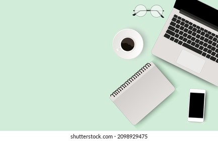 Minimal workspace creative flat lay design of Workspace desktop view office desk with laptop, smartphone, books, eyeglass and earphones on yellow color Background. Vector EPS 10
