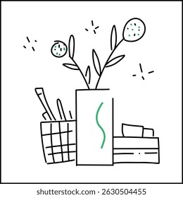 Minimal Workspace Doodle Vector Illustration - Pencil Holder, Books and Plant in Vase