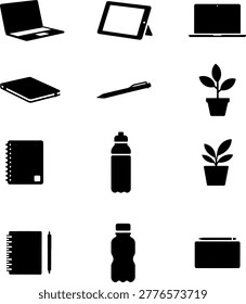 Minimal workspace essentials and desk accessories icon set