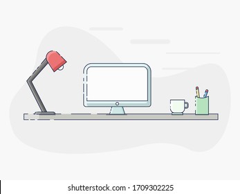 Minimal workspace flat design. Tecnology and interior illustration concept. Design for wallpaper, backdrop, presentation, banner etc.