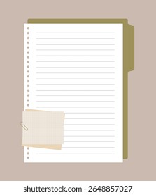 Minimal workspace flat lay with notebook paper, grid memo sheets, and green folder. Ideal for planning, notes, or productivity themes.
