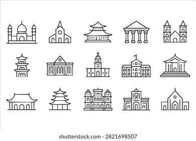 Minimal world architecture icon pack with temples pagodas churches cathedrals and monuments