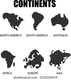 Mapa del mundo mínimo dividido en continentes aislados sobre fondo blanco. para diseños de Sitio web, informes, infografías anuales, mundo, viajes por el mundo, fondo de silueta de mapa.