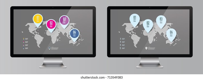 Minimal world map infographic with realistic 3D computer monitor and design elements. 
Eps 10 stock vector illustration 
