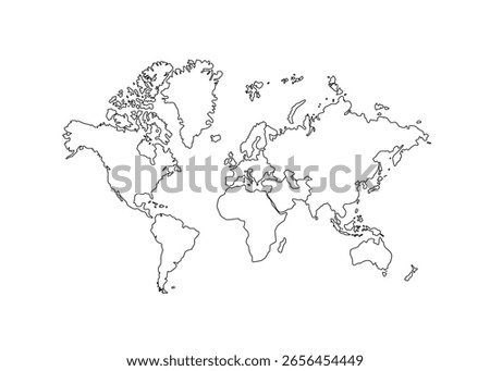 Minimal world map outline drawing in black on white background