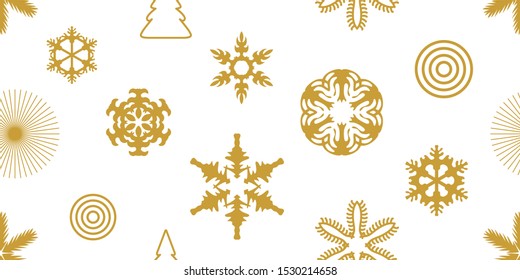 Minimal Xmas seamless pattern with trendy geometric motifs. Golden snowflakes and festive symbols with different ornaments. Retro design collection. On white background.