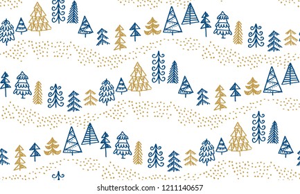 Minimal Xmas tree hand drawn sketch seamless pattern. holiday Christmas trees for wrapping paper, scrap booking

