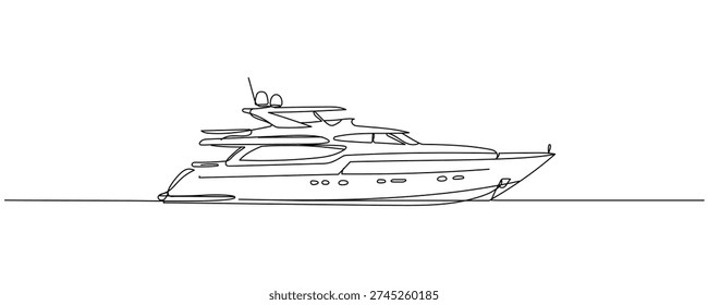 Minimal yacht one line drawing vector illustration, luxury boat outline isolated on white background Editable stroke