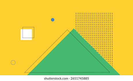 Fundo amarelo mínimo com triângulo verde arrojado, contornos pretos e campo de pontos digitais ideal para tecnologia ou projetos gráficos abstratos.