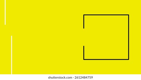 Minimal yellow background with abstract black corner lines.