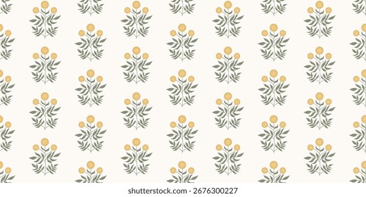 Minimal Yellow Flower Seamless Pattern with Green Botanical Elements on White Background for Textile, Scrapbooking, and Home Decor
