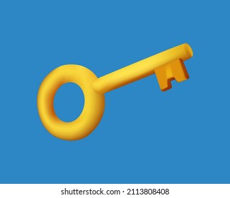 Minimal yellow key isolated on pastel blue background. Simple design. 3d rendering. 3D vector icon free to edit. Protection and security sign. Real estate concept. Private key, digital key. Minimalism