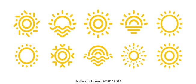 Minimal Yellow Sun Icons Set In Line Art Style, Featuring Sunrise, Sunset, And Abstract Weather Symbols On White Background. Vector Illustration