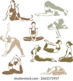 Pose de yoga minimalista en estilo de tinta dibujada a mano, con mujeres en asanas clásicas como twist, pose de niño, bote, cobra, cuervo, triángulo. Dibujo de tonos de tierra ideal para el bienestar, impresión, decoración