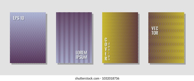 Minimal zig zag banner templates, wavy lines gradient stripes backgrounds for advertising cover. Curve shapes stripes, zig zag edge lines halftone texture gradient banner backgrounds violet brown set.