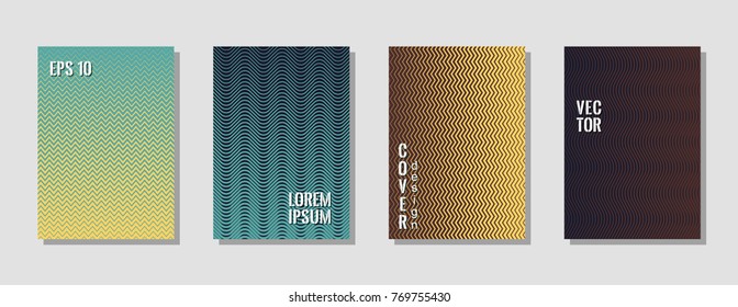 Minimal zig zag banner templates, wavy lines gradient stripes backgrounds for music party cover. Curve shapes stripes, zig zag edge lines halftone texture gradient journal covers set.