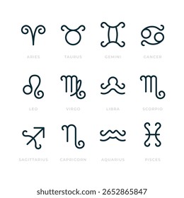 Conjunto mínimo de símbolos do zodíaco com todos os 12 signos da astrologia. Limpar ícones vetoriais modernos em estilo de linha, perfeito para aplicativos de horóscopo, branding místico, gráficos natais, ou projetos de design com tema celeste.