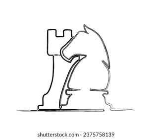 Minimalis chess knight and rook outline hand drawn illustration. Simple pawn line art vector illustration.