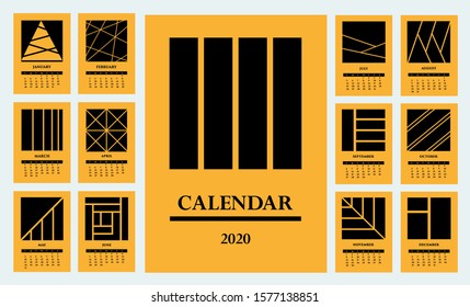 Minimalism 2020 calendar vector design with black geometric shapes on orange background. Set of a calendar for 12 months with black geometric figures in a closed composition. Week starts on Sunday.