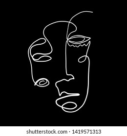 Minimalism abstract face one line drawing, black and white simple art, modern contemporary design