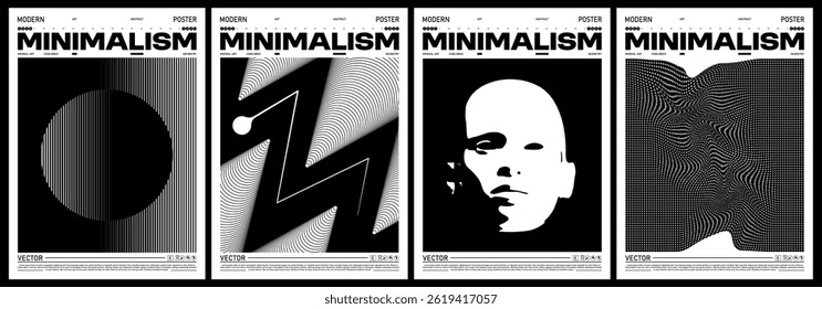 Minimalism abstract poster set. Grunge textures, 3D waves, distorted head silhouette, and modern geometric compositions. Black and white vector set design