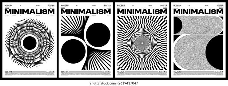 Minimalism abstract poster set. Spiral shapes, radial sunburst, stippling textures, and modern geometric compositions. Black and white vector design set