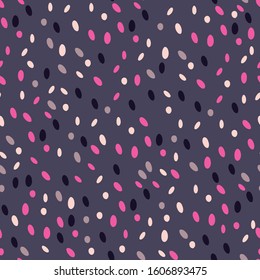 minimalism abstract seamless pattern with oval dots in different directions of different colors - white, dark blue, pink on a gray-purple background