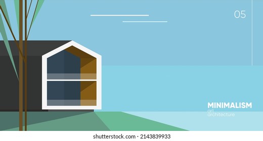 Minimalism architecture art. Modern scandinavian house on the hill. Scandinavian landscape. Vector illustration. 