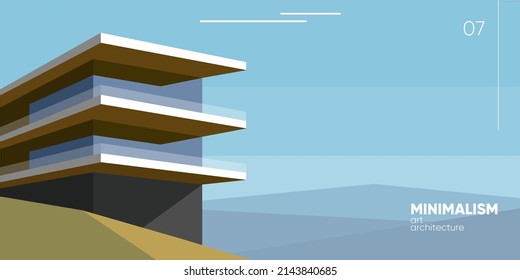 Minimalism architecture art. Modern scandinavian house on the hill. Scandinavian landscape. Vector illustration. 