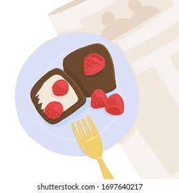 minimalism breakfast in flat vector style. white plate, toast with raspberry. golden fork. newspaper on table