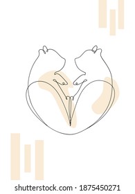 Minimalism cats' silhouettes in a shape of cart. One line art.