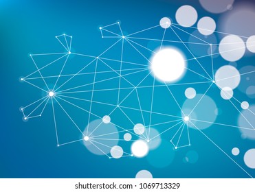Minimalism chaotic 3d connection communication mesh technology and science background. With blurred defocused round lights texture. Vector abstract virtual particles structure.