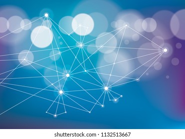 Minimalism chaotic 3d connection communication mesh technology and science background. With blurred defocused round lights texture. Vector abstract virtual particles structure.