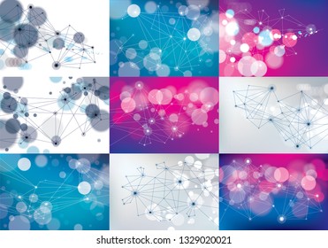 Minimalism chaotic 3d connection communication mesh technology and science backgrounds set. With blurred defocused round lights textures. Vector abstract virtual particles structures.