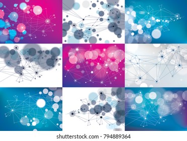 Minimalism chaotic 3d connection communication mesh technology and science backgrounds set. With blurred defocused round lights textures. Vector abstract virtual particles structures.