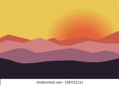 Minimalism colorful mountains silhouettes at sunset
