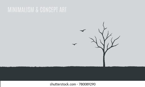 Minimalism & Concept Art. Tree and birds on a gray background. Vector flat illustration, hand drawn sketch.