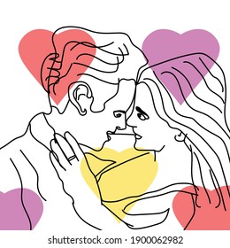 Minimalism concept. Line art drawing style. man and women close. Hand drawn trendy vector posters, illustrations for print. red yellow pink hearts shape
