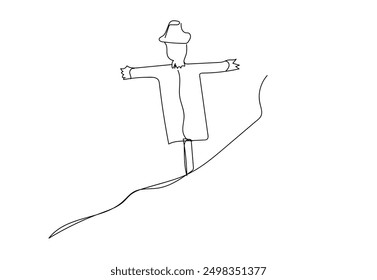 Minimalism concept. One line draw graphic design vector illustration Single continuous line drawing of scarecrow installed by farmers to ward off pest birds which has damaged rice crops in the fields 