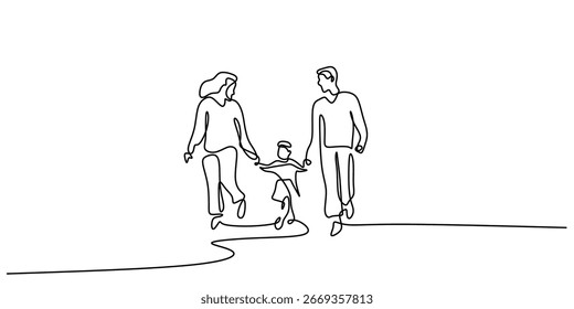 Minimalism continuous line drawing of a happy family. A simple sketch of a father and mother holding their kid's hand, a concept of bonding and parental care.