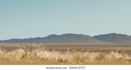 Minimalism countryside landscape with field and mountain ranges in autumn season graphic illustration.