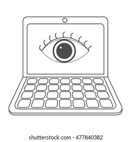 Minimalism digital illustration of a laptop computer displaying a big, bright eye with eyelashes on its screen made by curved lines and geometrical shapes in vector eps 10 format for creative design